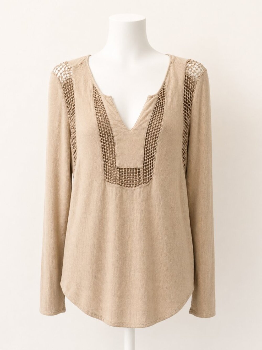 Joseph A. Beige Crochet Trim Boho Peasant Blouse Long Sleeve Top – Size M - EUC